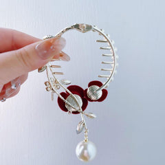 Rose Flower Hair Claw Banana Clip with Faux Pearl Pendant