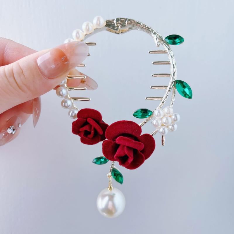 Rose Flower Hair Claw Banana Clip with Faux Pearl Pendant