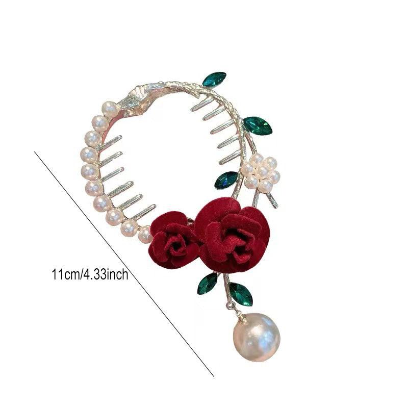 Rose Flower Hair Claw Banana Clip with Faux Pearl Pendant