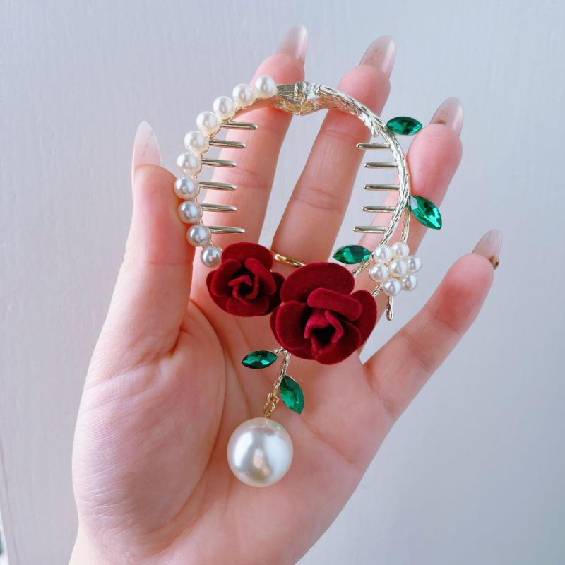 Rose Flower Hair Claw Banana Clip with Faux Pearl Pendant
