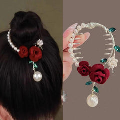Rose Flower Hair Claw Banana Clip with Faux Pearl Pendant