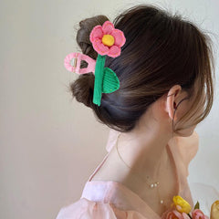 Puffy Knitted Flower Hair Claw Style Hair Claw Nonslip Ponytail Holder