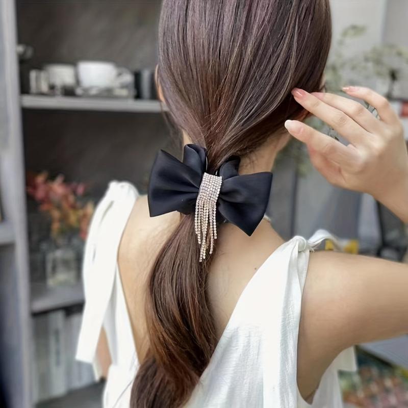 Small Bow Hair Claw With Rhinestone Tassel Nonslip Ponytail Holder