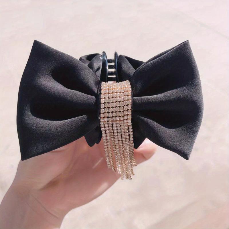 Small Bow Hair Claw With Rhinestone Tassel Nonslip Ponytail Holder