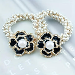 Camellia Flower Hair Rope with Faux Pearl Beads