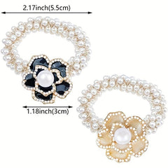 Camellia Flower Hair Rope with Faux Pearl Beads