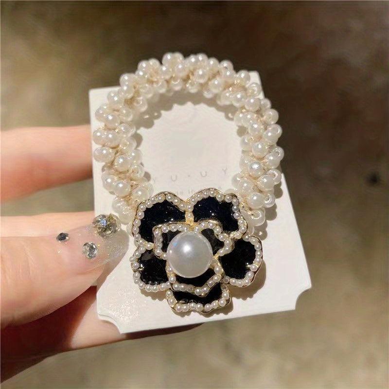 Camellia Flower Hair Rope with Faux Pearl Beads