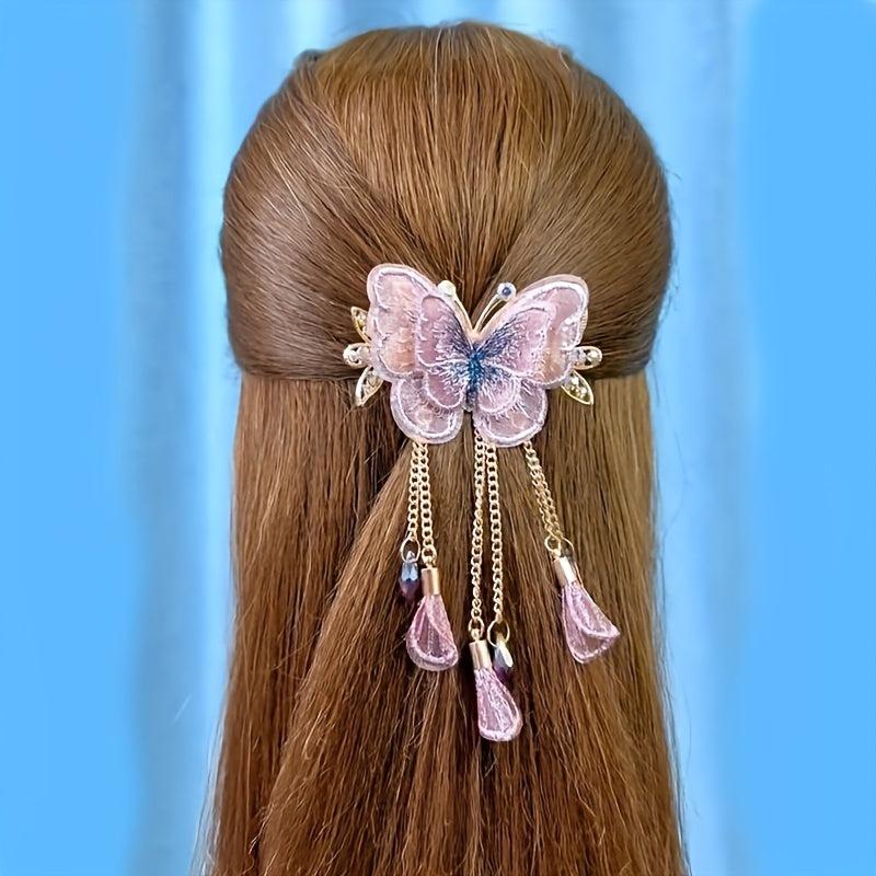 Embroidered Butterfly Decor Barrette with Beaded Tassel Hair Clip