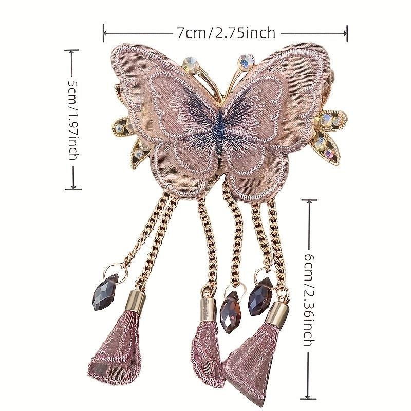 Embroidered Butterfly Decor Barrette with Beaded Tassel Hair Clip