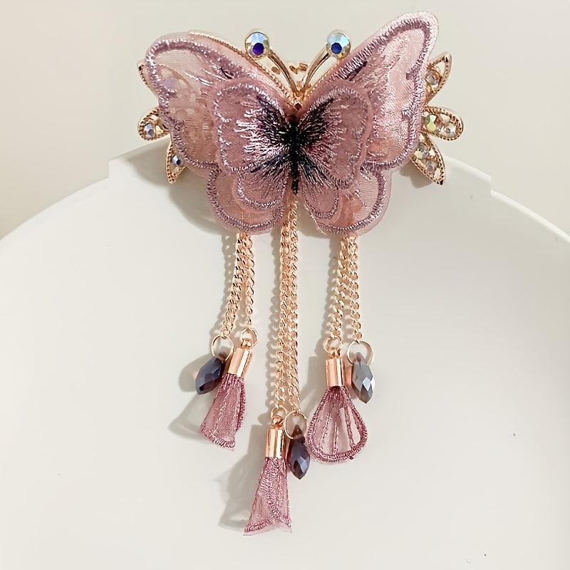 Embroidered Butterfly Decor Barrette with Beaded Tassel Hair Clip