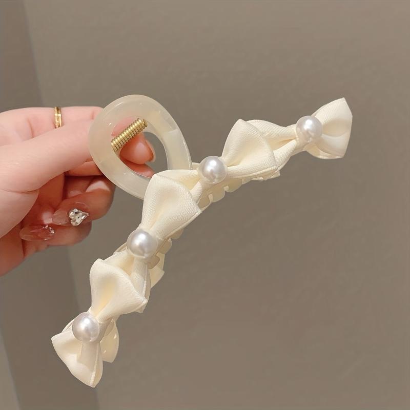 Sweet Bow Faux Pearl Hair Claw for Women Girls