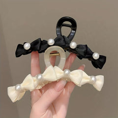 Sweet Bow Faux Pearl Hair Claw for Women Girls