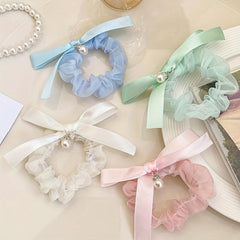 Y2K Faux Pearl Bowknot Yarn Sweet Large Scrunchie Hair Tie