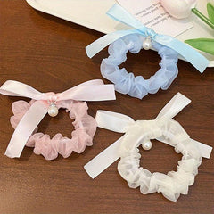 Y2K Faux Pearl Bowknot Yarn Sweet Large Scrunchie Hair Tie