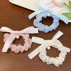 Y2K Faux Pearl Bowknot Yarn Sweet Large Scrunchie Hair Tie