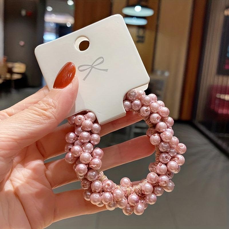 2PCS Pearl Hair Tie Flower Rope Bracelet Keychain