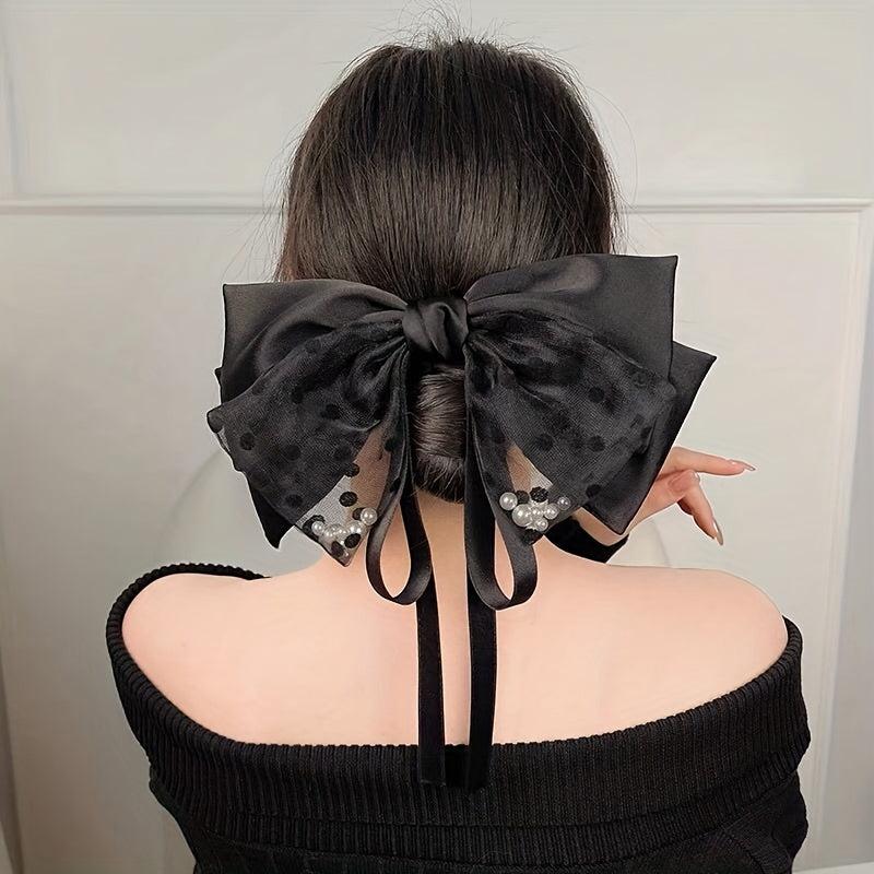 Pearl Bow Hair Clip with Long Ribbon