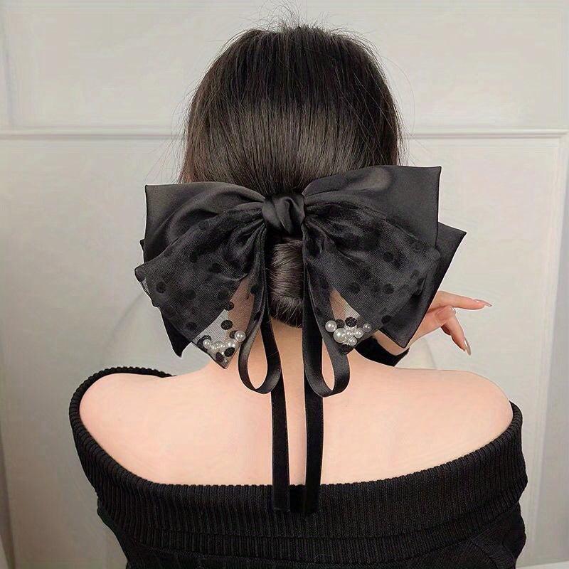 Pearl Bow Hair Clip with Long Ribbon