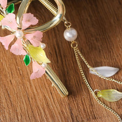 Pink Lily Of The Valley Tassel Hair Clip Retro Colorful Flowers Leaves Pearl