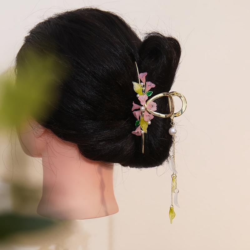 Pink Lily Of The Valley Tassel Hair Clip Retro Colorful Flowers Leaves Pearl