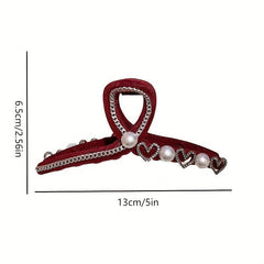 Heart Hair Claw Clip w/ Pearl Chain - Girls Ponytail Hol