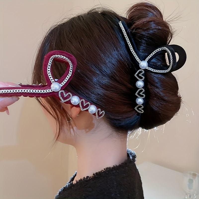 Heart Hair Claw Clip w/ Pearl Chain - Girls Ponytail Hol