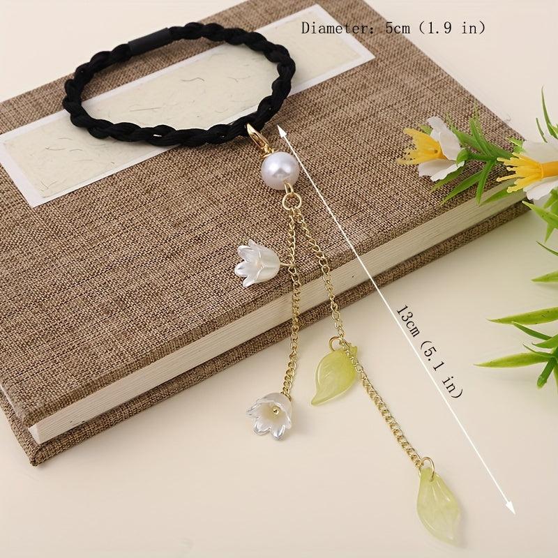 Chinese Hair Tie Bell Orchid Tassel Faux Pearl Petal Hair Rope