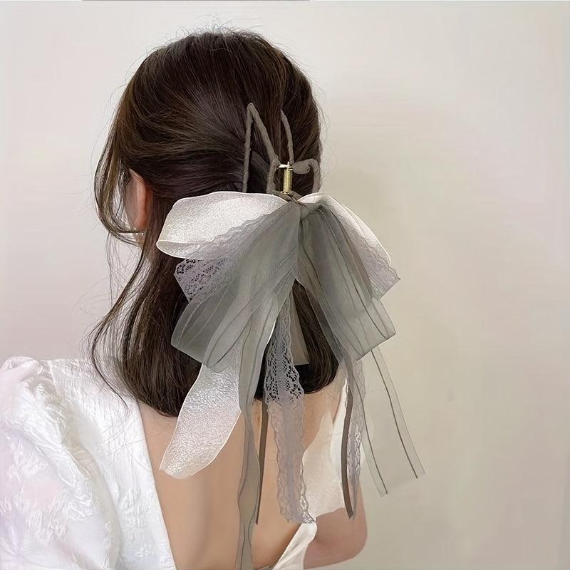 Long Ribbon Bow Hair Claw Lace Bowknot Hair Claw Nonslip Ponytail Holder