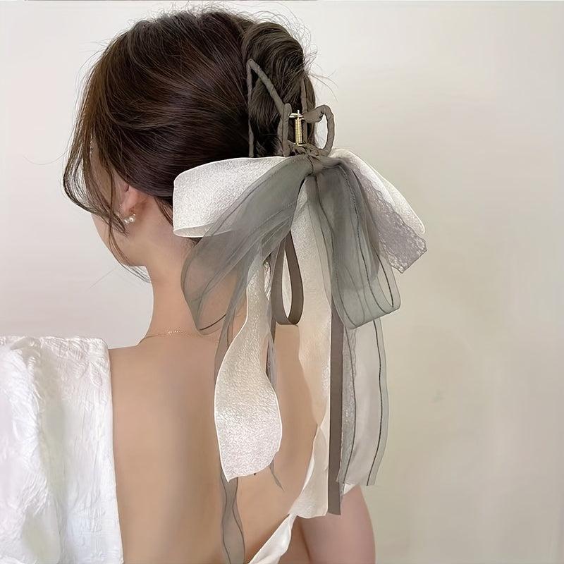 Long Ribbon Bow Hair Claw Lace Bowknot Hair Claw Nonslip Ponytail Holder