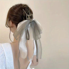 Long Ribbon Bow Hair Claw Lace Bowknot Hair Claw Nonslip Ponytail Holder