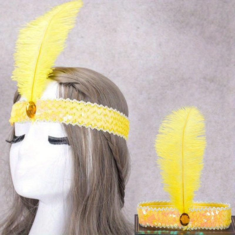 Faux Feather Fascinator Headband Flapper Sequin Headdress Costume Head Band