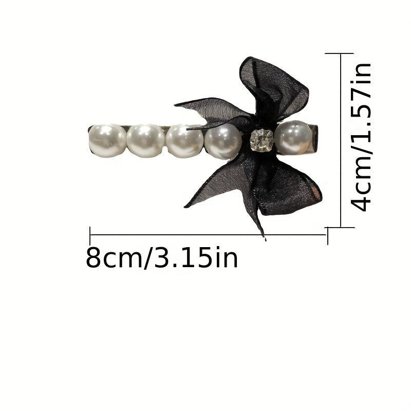 Faux Pearl Hair Clip Organza Bow Clip for Side Hair Bang