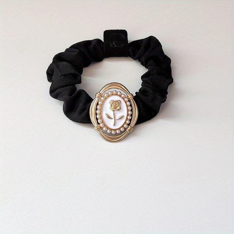 Rose Pattern Faux Pearl Decor Hair Tie Elastic Scrunchie