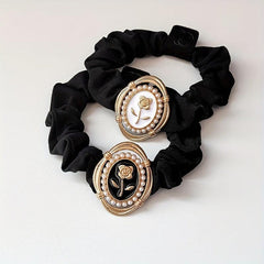 Rose Pattern Faux Pearl Decor Hair Tie Elastic Scrunchie