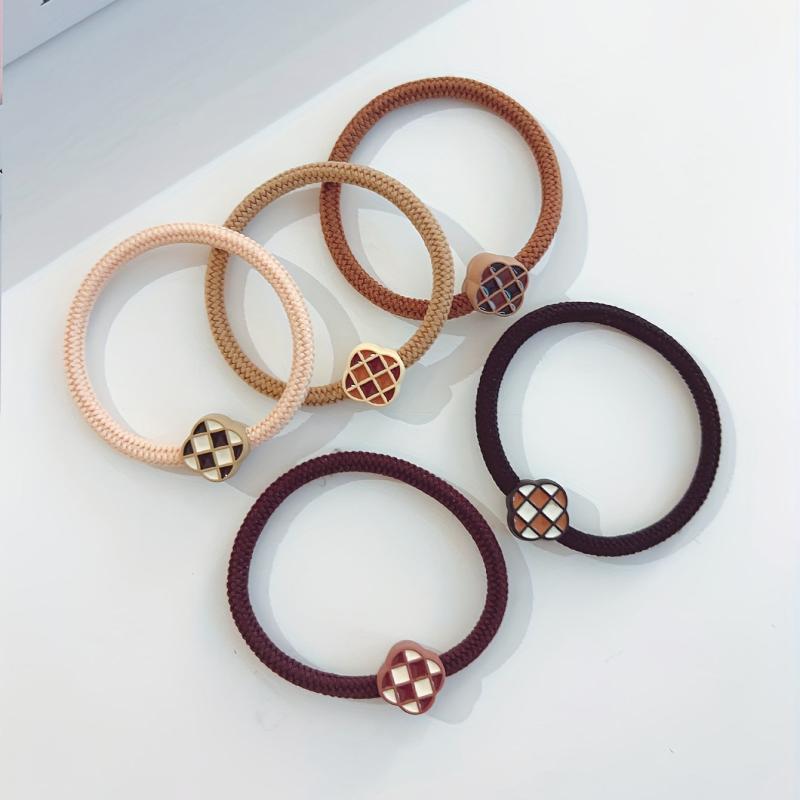 5pcs Checkered Camellia Beaded Hair Tie Elastic Ponytail Holder