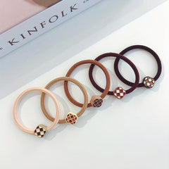 5pcs Checkered Camellia Beaded Hair Tie Elastic Ponytail Holder