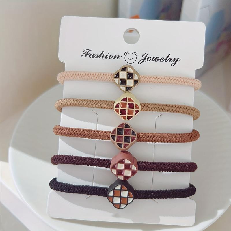 5pcs Checkered Camellia Beaded Hair Tie Elastic Ponytail Holder