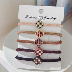 5pcs Checkered Camellia Beaded Hair Tie Elastic Ponytail Holder