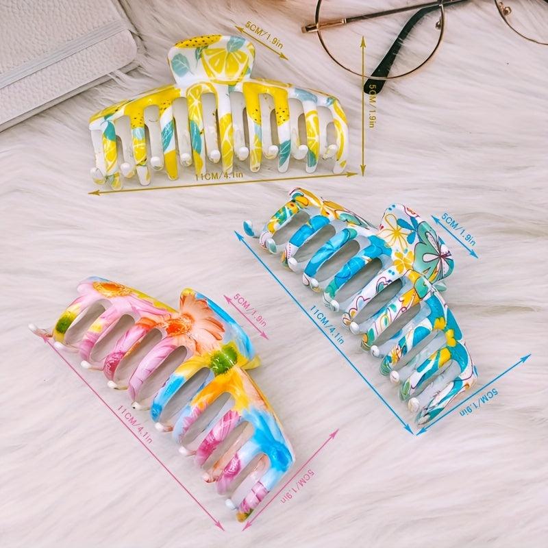 3pcs Colorful Hair Claw Clip Flower Printed Ponytail Holder Hair Accessories