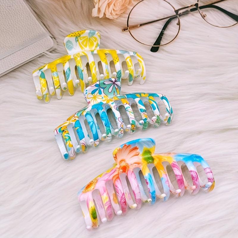 3pcs Colorful Hair Claw Clip Flower Printed Ponytail Holder Hair Accessories