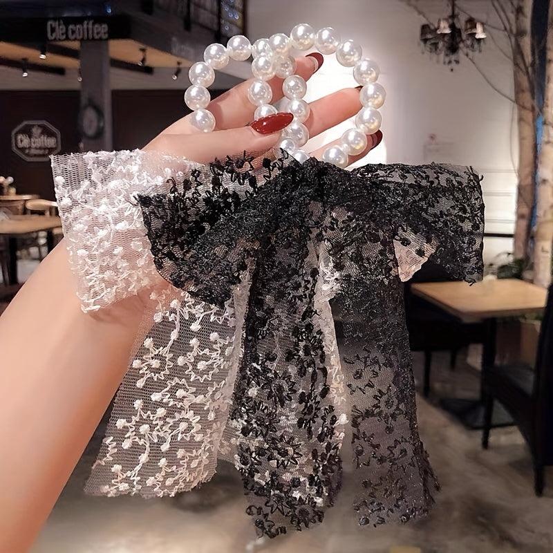 Lace Bow Faux Pearl Hair Tie Ribbon Hair Loop Hair Accessories