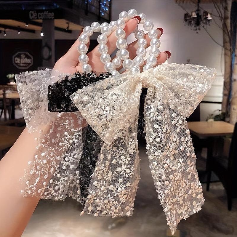 Lace Bow Faux Pearl Hair Tie Ribbon Hair Loop Hair Accessories