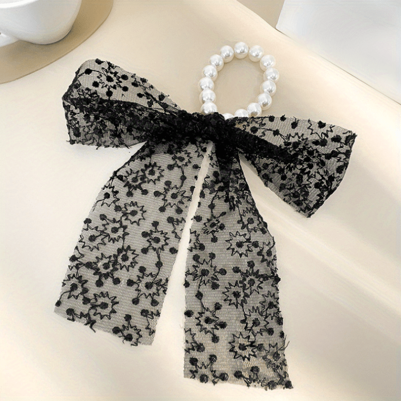 Lace Bow Faux Pearl Hair Tie Ribbon Hair Loop Hair Accessories