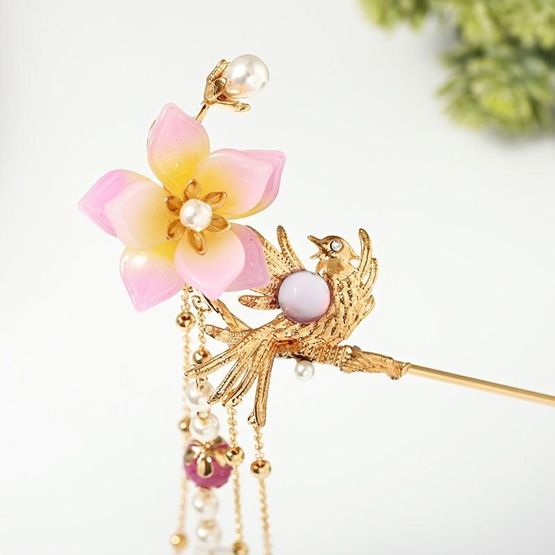 Hanfu Hairpin Faux Pearl Flower Bird Tassel Chignon Vintage Chinese Style Cheong