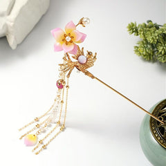 Hanfu Hairpin Faux Pearl Flower Bird Tassel Chignon Vintage Chinese Style Cheong