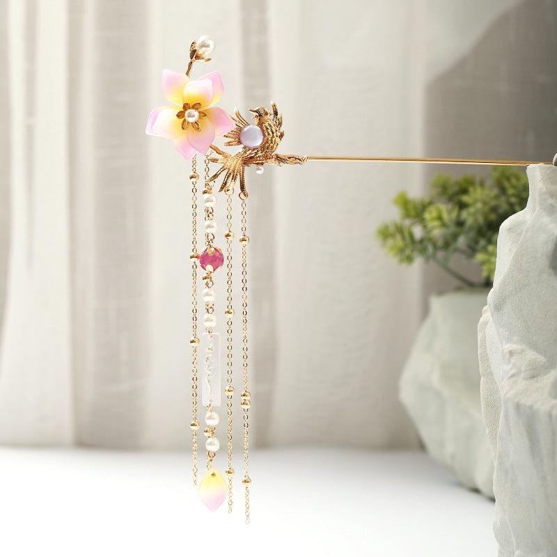 Hanfu Hairpin Faux Pearl Flower Bird Tassel Chignon Vintage Chinese Style Cheong