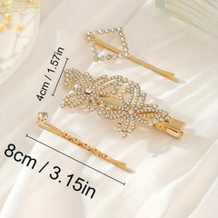 3pcs Rhinestone Hairpin Butterfly Square Glitter Hair Clip for Women Girls