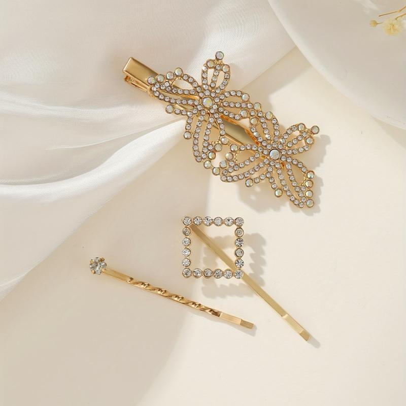 3pcs Rhinestone Hairpin Butterfly Square Glitter Hair Clip for Women Girls