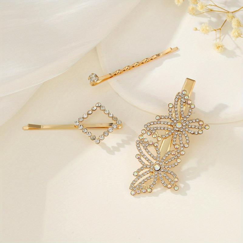 3pcs Rhinestone Hairpin Butterfly Square Glitter Hair Clip for Women Girls