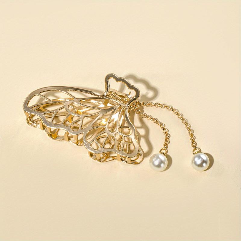 Alloy Hair Claw Faux Pearl Tassel Nonslip Ponytail Holder Shark Claw